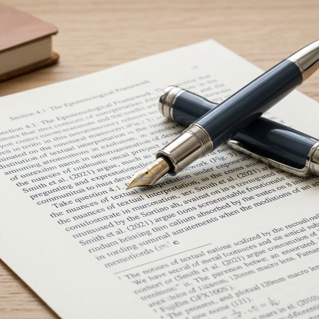 High-end fountain pen on academic manuscript